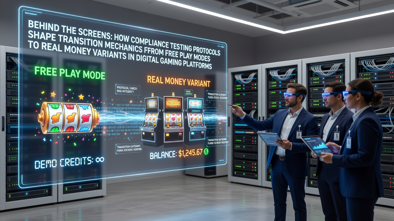 Illustratie van compliance testing interfaces die de overgang van demo naar echt geld modi in digitale platforms weergeven
