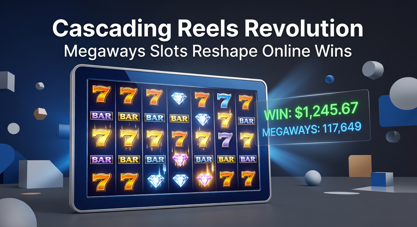 Close-up van een Megaways slot met meerdere lagen vallende symbolen, multipliers en gigantische winpotentieel op het scherm