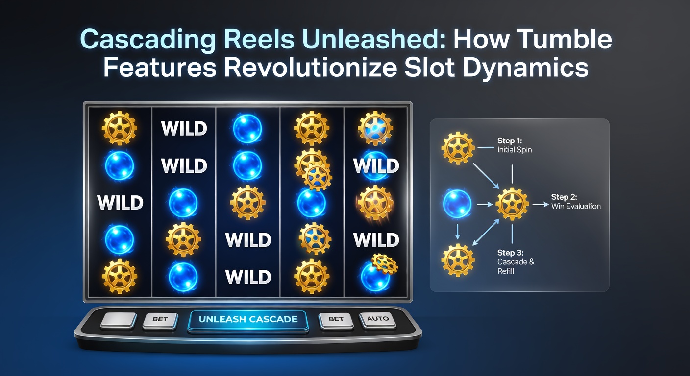 Voorbeeldscherm van een tumble slot met multiplier-tracker en vallende symbolen in actie