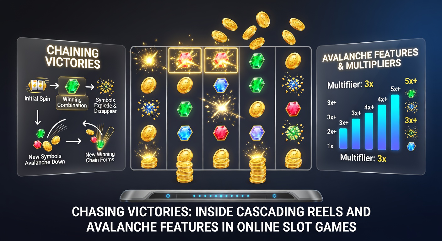 Close-up van een avalanche feature in een populaire slot, met multipliers die oplopen tijdens een keten van winsten en nieuwe symbolen die invallen