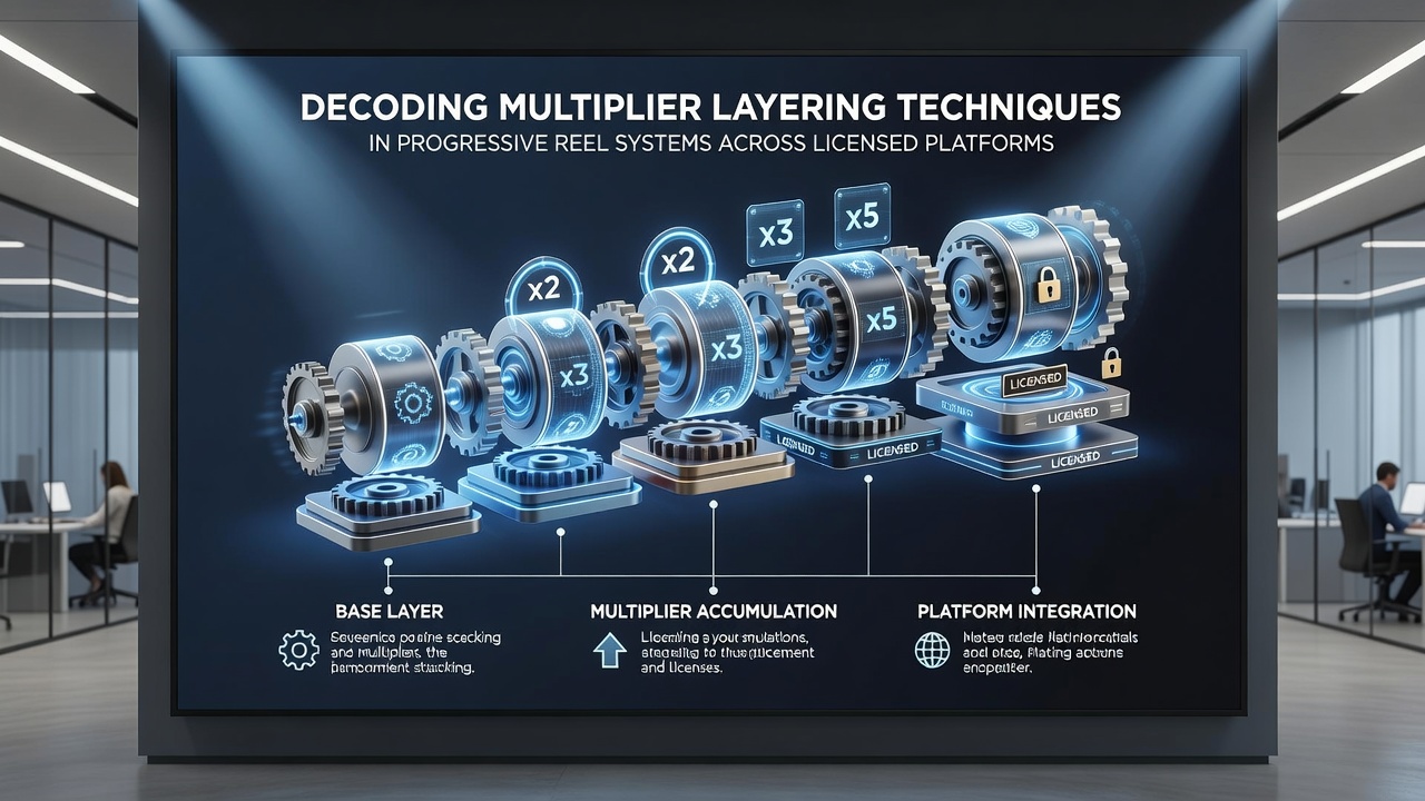 Diagram van gestapelde multipliers in progressieve reels met licentiebadges en audit iconen