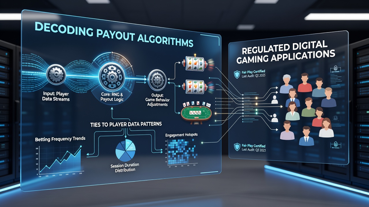 Illustratie van algoritmische analyses in digitale gamingomgevingen met datastromen en patronen