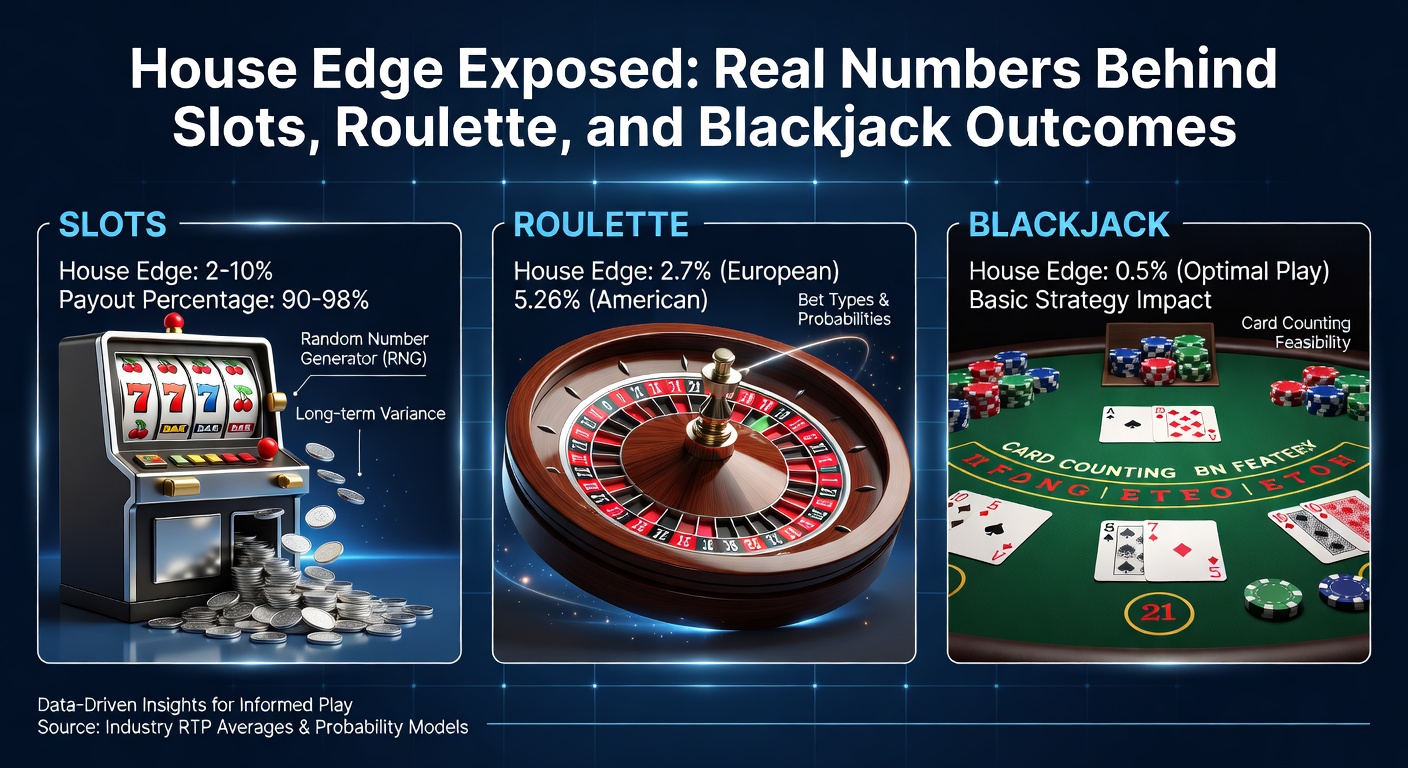 Grafiek met house edge percentages voor populaire casino spellen zoals slots, roulette en blackjack