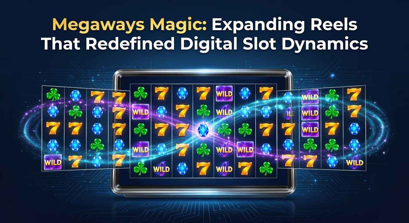 Schermafbeelding van een Megaways slot met uitbreidende rollen in actie, symbolen vallen op dynamische reels