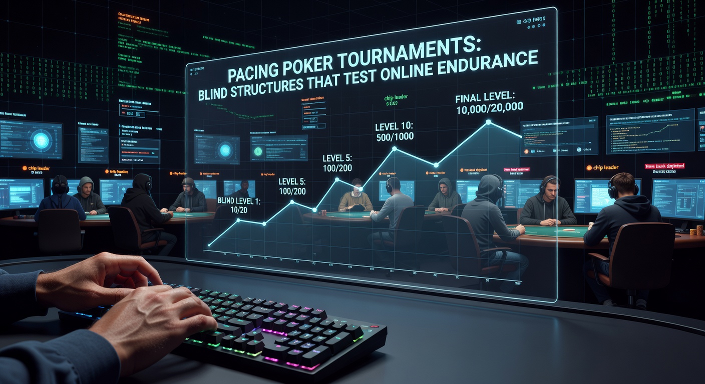 Pokerklok met blindniveaus tijdens een online toernooi, symboliserend het cruciale tempo van het spel