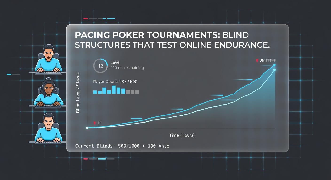 Grafiek van blind progressie in een langdurig online poker toernooi, illustrerend piekdruk in late stadia