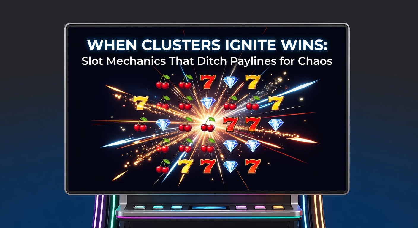 Schermafbeelding van een bruisende cluster win in een slotspel, met exploderende symbolen die een kettingreactie veroorzaken